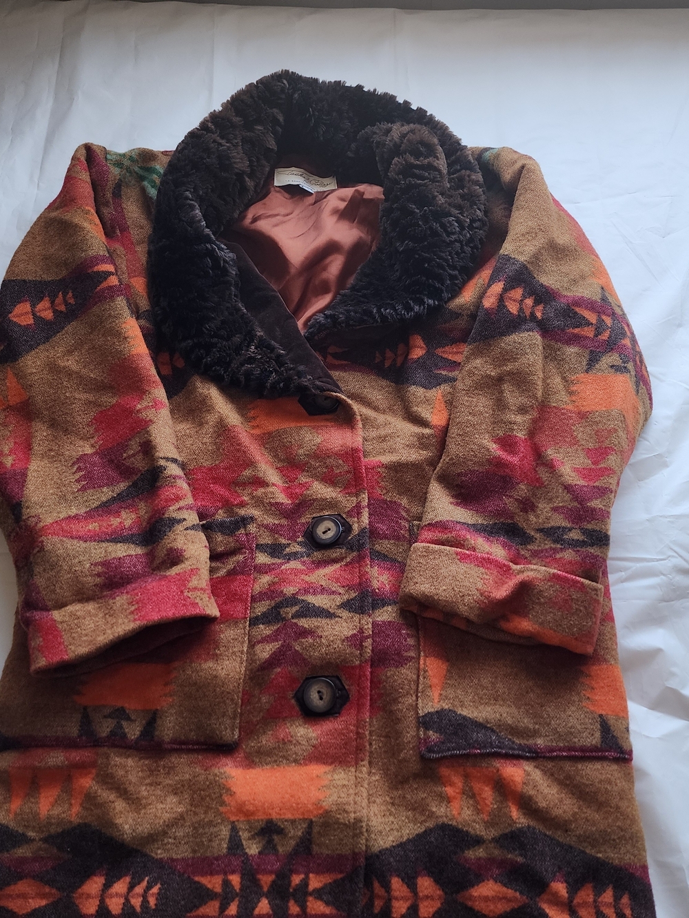 Tasha Polizzi Bordering Long Coat Features A Striking Red/Orange Soutwest Sz SCH